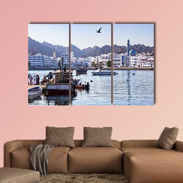 Muttrah Fish Docks Canvas Wall Art-3 Horizontal-Gallery Wrap-25" x 16"-Tiaracle