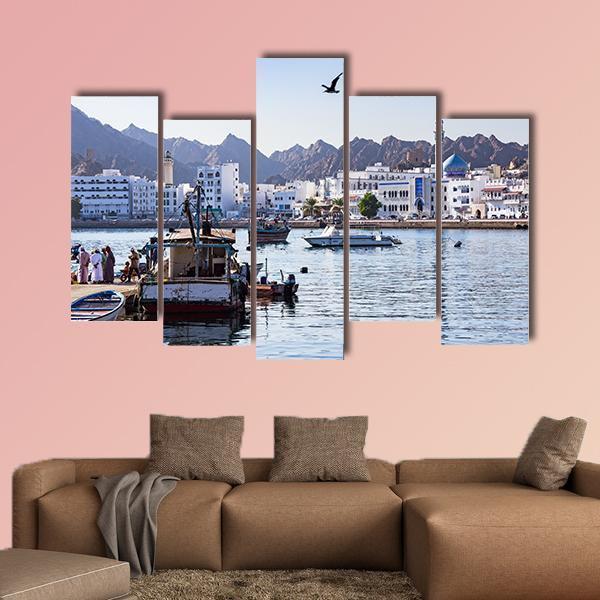 Muttrah Fish Docks Canvas Wall Art-5 Pop-Gallery Wrap-47" x 32"-Tiaracle