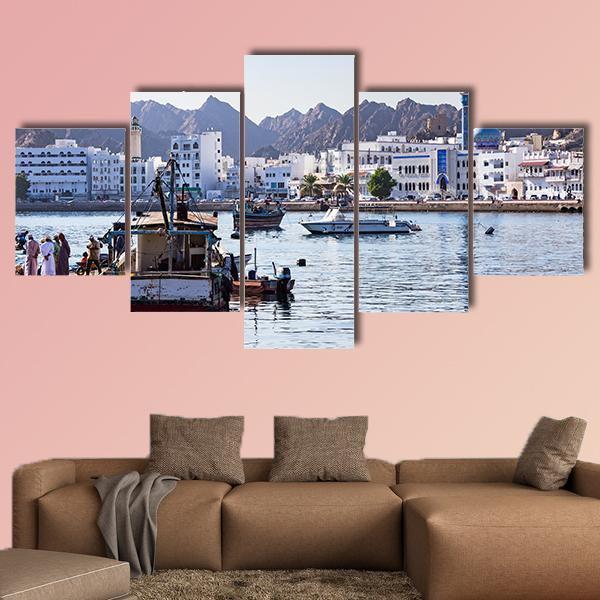 Muttrah Fish Docks Canvas Wall Art-5 Star-Gallery Wrap-62" x 32"-Tiaracle