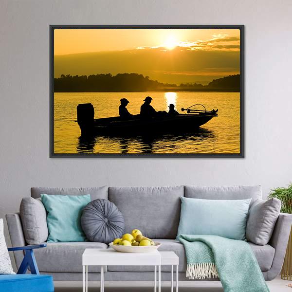 Fishermen Boating Silhouette Canvas Wall Art-3 Horizontal-Gallery Wrap-25" x 16"-Tiaracle