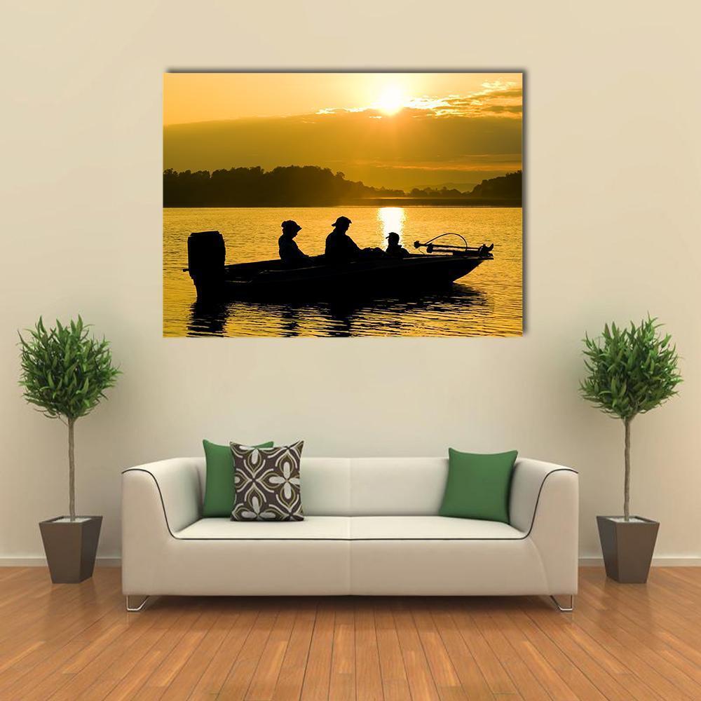 Fishermen Boat Silhouette at Sunset Canvas Wall Art in black, gold and yellow, single panel hung on a wall