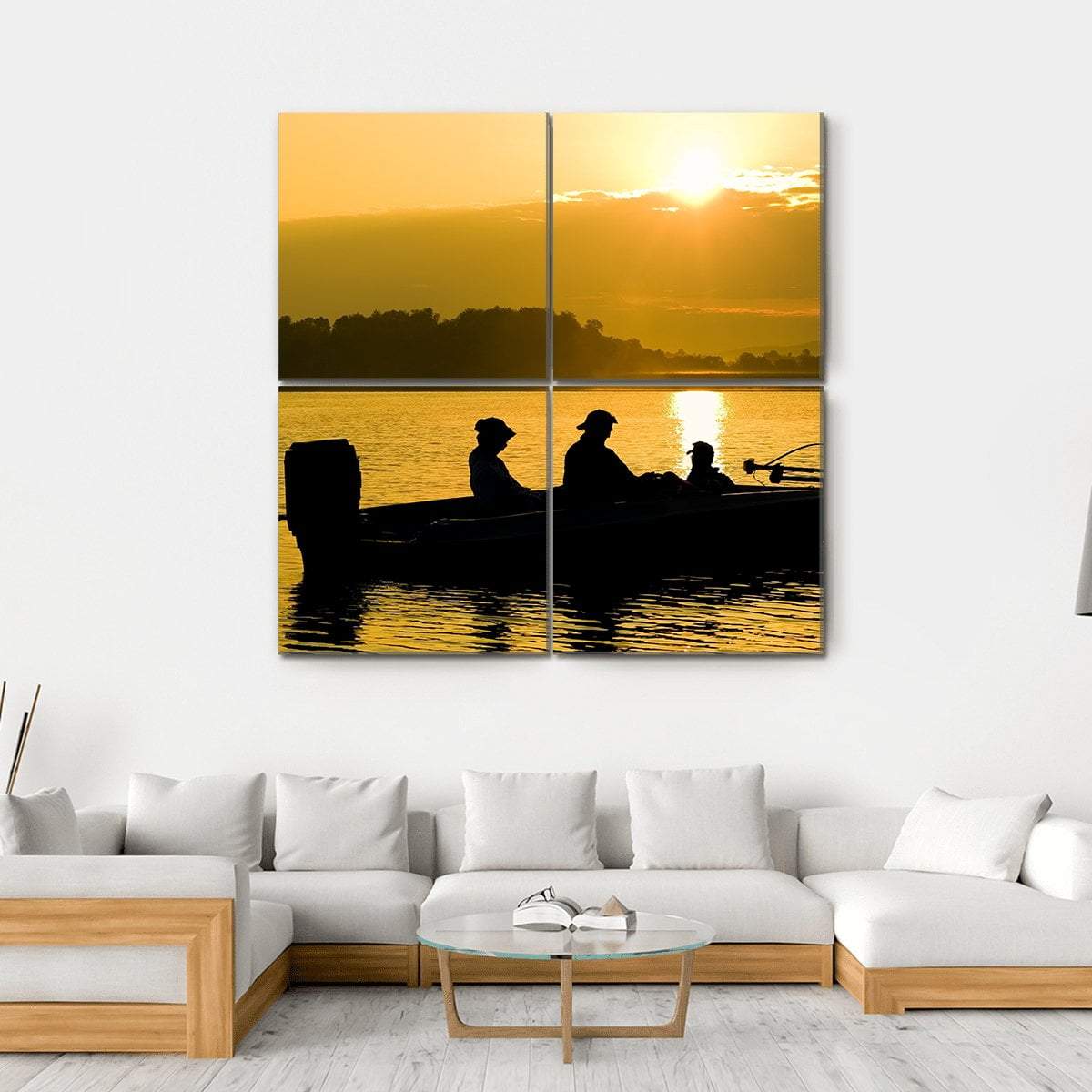 Fishermen Boating Silhouette Canvas Wall Art-4 Square-Gallery Wrap-17" x 17"-Tiaracle