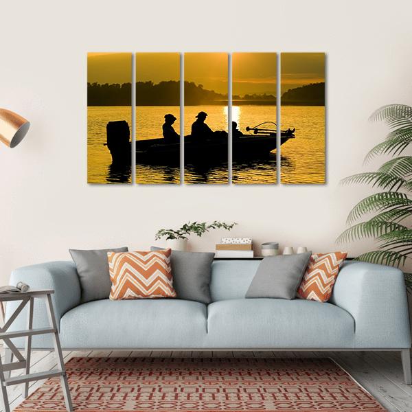 Fishermen Boating Silhouette Canvas Wall Art-5 Horizontal-Gallery Wrap-22" x 12"-Tiaracle