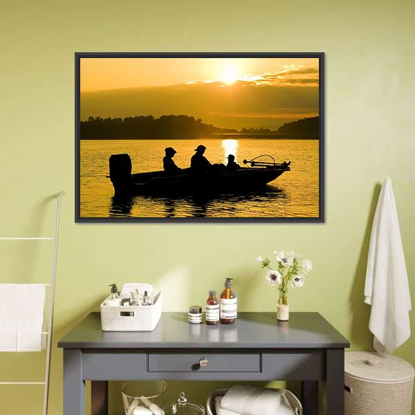 Fishermen Boating Silhouette Canvas Wall Art-1 Piece-Floating Frame-24" x 16"-Tiaracle