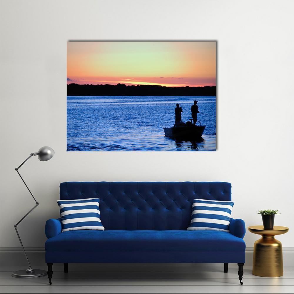 Fishing at Sunset in Wisconsin Canvas Wall Art in black, orange and blue, single panel hung on a wall