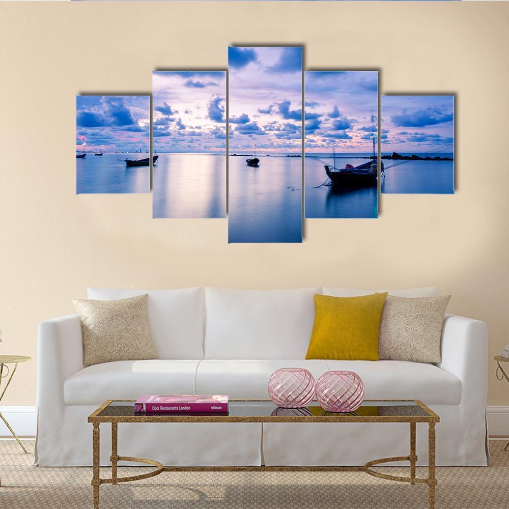 Fishing Boat In Calm Sea Canvas Wall Art-5 Star-Gallery Wrap-62" x 32"-Tiaracle