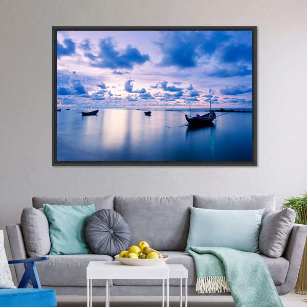 Fishing Boat In Calm Sea Canvas Wall Art-3 Horizontal-Gallery Wrap-25" x 16"-Tiaracle