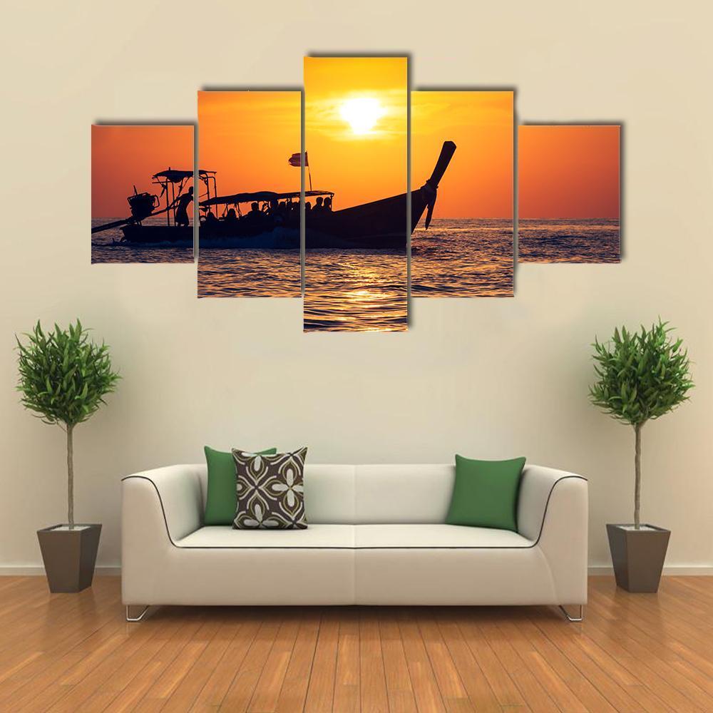 Fishing Boat In Phi Phi Islands Canvas Wall Art-5 Pop-Gallery Wrap-47" x 32"-Tiaracle