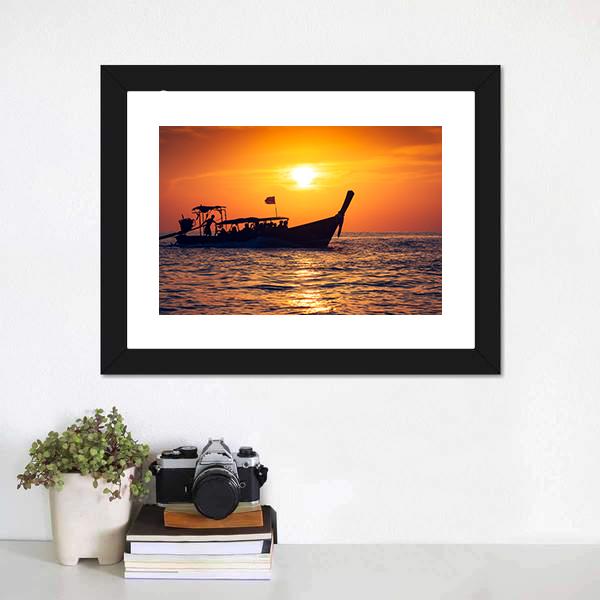 Fishing Boat In Phi Phi Islands Canvas Wall Art-1 Piece-Framed Print-20" x 16"-Tiaracle
