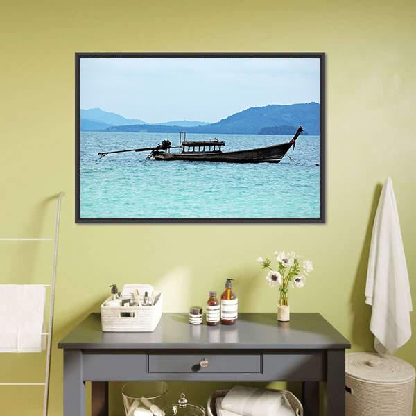 Fishing Boat In Sea Canvas Wall Art-1 Piece-Floating Frame-24" x 16"-Tiaracle