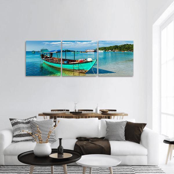 Boat In Sihanoukville Panoramic Canvas Wall Art-3 Piece-25" x 08"-Tiaracle