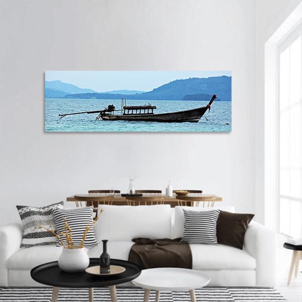 Fishing Boat In Sea Panoramic Canvas Wall Art-3 Piece-25" x 08"-Tiaracle