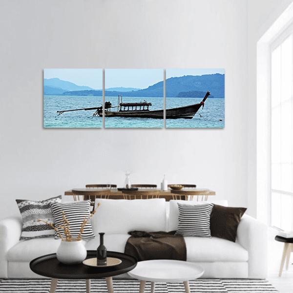 Fishing Boat In Sea Panoramic Canvas Wall Art-3 Piece-25" x 08"-Tiaracle