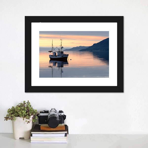 Fishing Boat Lies At Sundown Canvas Wall Art-1 Piece-Framed Print-20" x 16"-Tiaracle