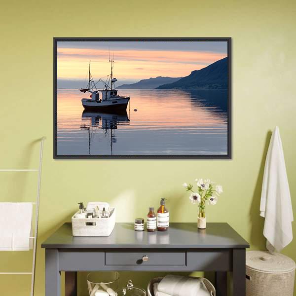 Fishing Boat Lies At Sundown Canvas Wall Art-1 Piece-Floating Frame-24" x 16"-Tiaracle