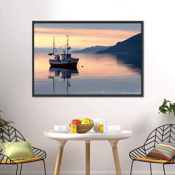 Fishing Boat Lies At Sundown Canvas Wall Art-5 Horizontal-Gallery Wrap-22" x 12"-Tiaracle