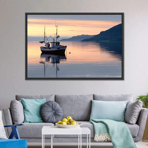 Fishing Boat Lies At Sundown Canvas Wall Art-5 Horizontal-Gallery Wrap-22" x 12"-Tiaracle