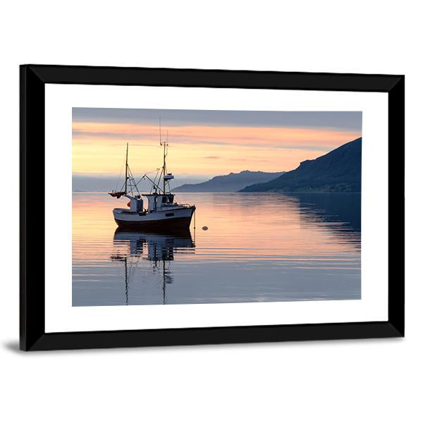 Fishing Boat Lies At Sundown Canvas Wall Art-5 Horizontal-Gallery Wrap-22" x 12"-Tiaracle