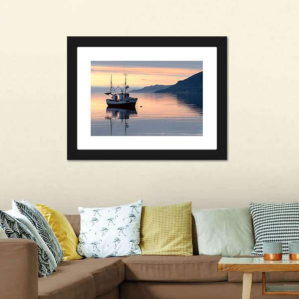 Fishing Boat Lies At Sundown Canvas Wall Art-5 Horizontal-Gallery Wrap-22" x 12"-Tiaracle