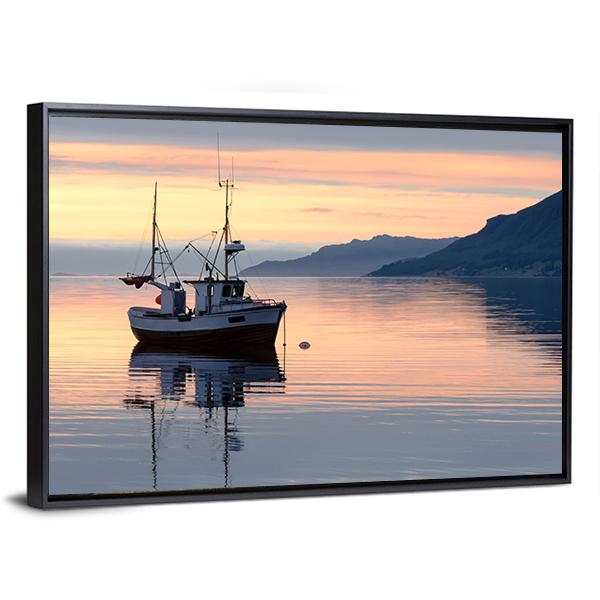 Fishing Boat Lies At Sundown Canvas Wall Art-5 Horizontal-Gallery Wrap-22" x 12"-Tiaracle