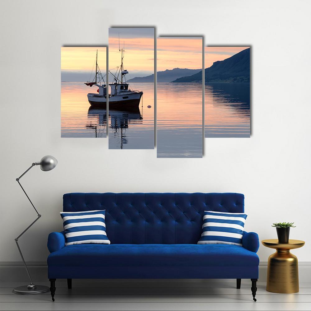 Fishing Boat Lies At Sundown Canvas Wall Art-4 Pop-Gallery Wrap-50" x 32"-Tiaracle