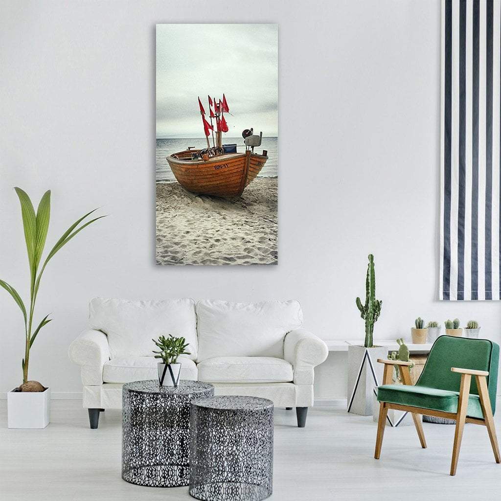 Fishing Boat On Beach Vertical Canvas Wall Art-1 Vertical-Gallery Wrap-12" x 24"-Tiaracle
