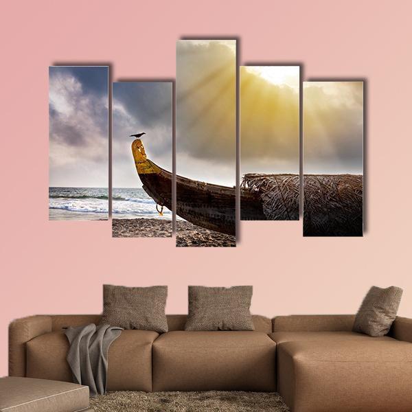 Crow Sitting On Boat Canvas Wall Art-5 Pop-Gallery Wrap-47" x 32"-Tiaracle