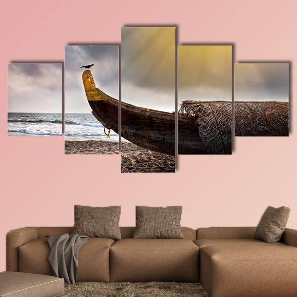 Crow Sitting On Boat Canvas Wall Art-5 Star-Gallery Wrap-62" x 32"-Tiaracle