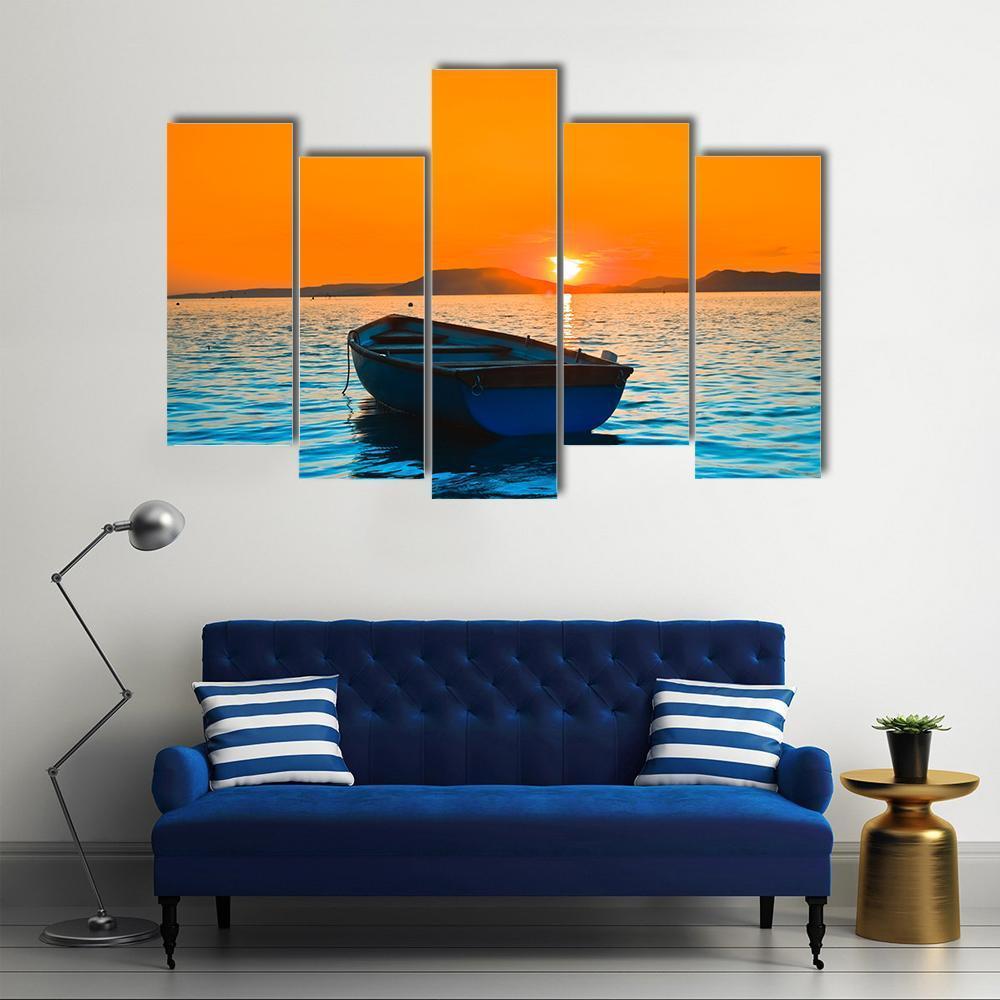 Fishing Boat Under Sunset Canvas Wall Art-5 Pop-Gallery Wrap-47" x 32"-Tiaracle