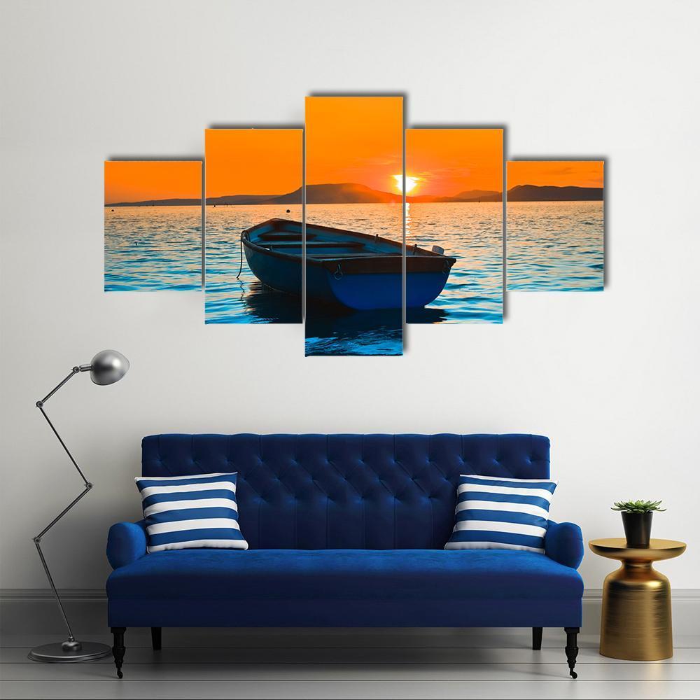 Fishing Boat Under Sunset Canvas Wall Art-5 Star-Gallery Wrap-62" x 32"-Tiaracle