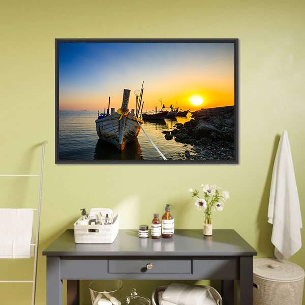 Fishing Boat With Sunset Canvas Wall Art-1 Piece-Floating Frame-24" x 16"-Tiaracle