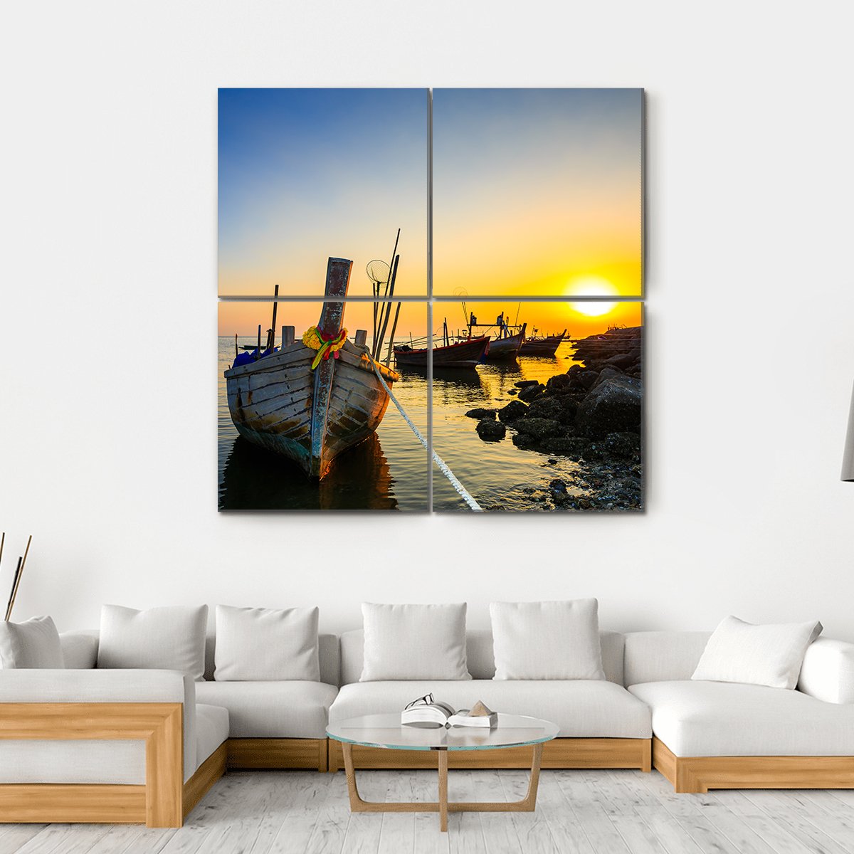 Fishing Boat With Sunset Canvas Wall Art-4 Square-Gallery Wrap-17" x 17"-Tiaracle