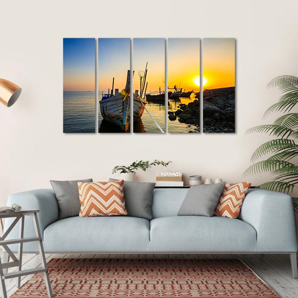 Fishing Boat With Sunset Canvas Wall Art-5 Horizontal-Gallery Wrap-22" x 12"-Tiaracle