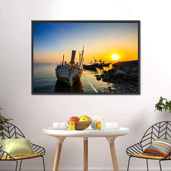 Fishing Boat With Sunset Canvas Wall Art-3 Horizontal-Gallery Wrap-25" x 16"-Tiaracle
