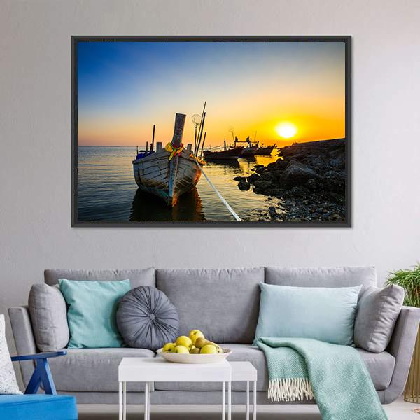 Fishing Boat With Sunset Canvas Wall Art-3 Horizontal-Gallery Wrap-25" x 16"-Tiaracle