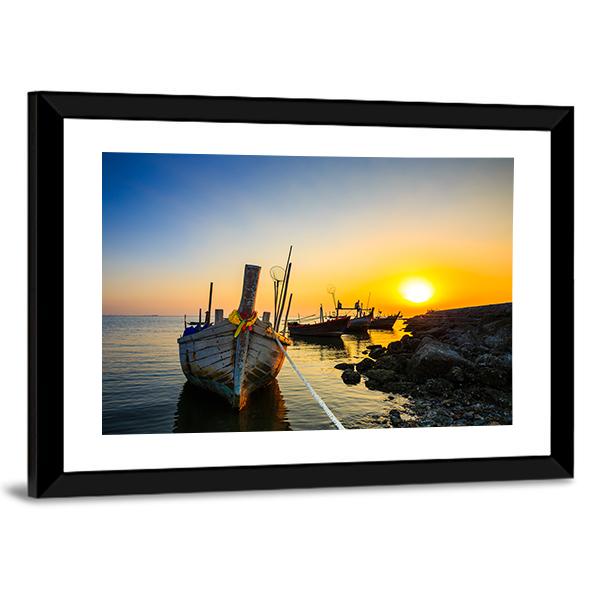 Fishing Boat With Sunset Canvas Wall Art-3 Horizontal-Gallery Wrap-25" x 16"-Tiaracle