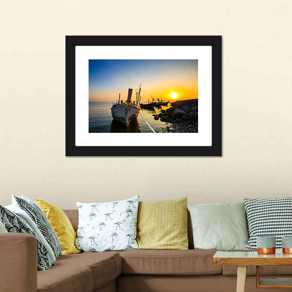 Fishing Boat With Sunset Canvas Wall Art-3 Horizontal-Gallery Wrap-25" x 16"-Tiaracle