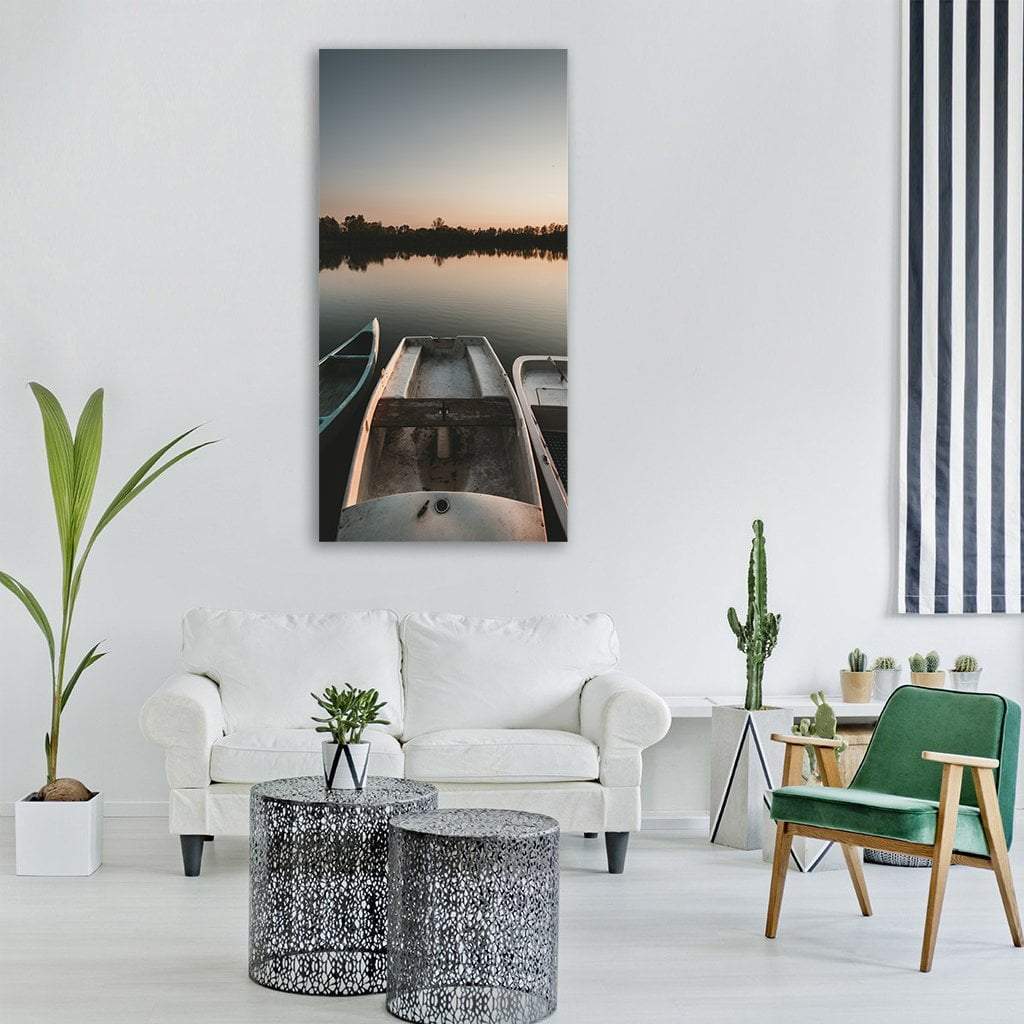 Fishing Boats In Lake At Sunset Vertical Canvas Wall Art-1 Vertical-Gallery Wrap-12" x 24"-Tiaracle