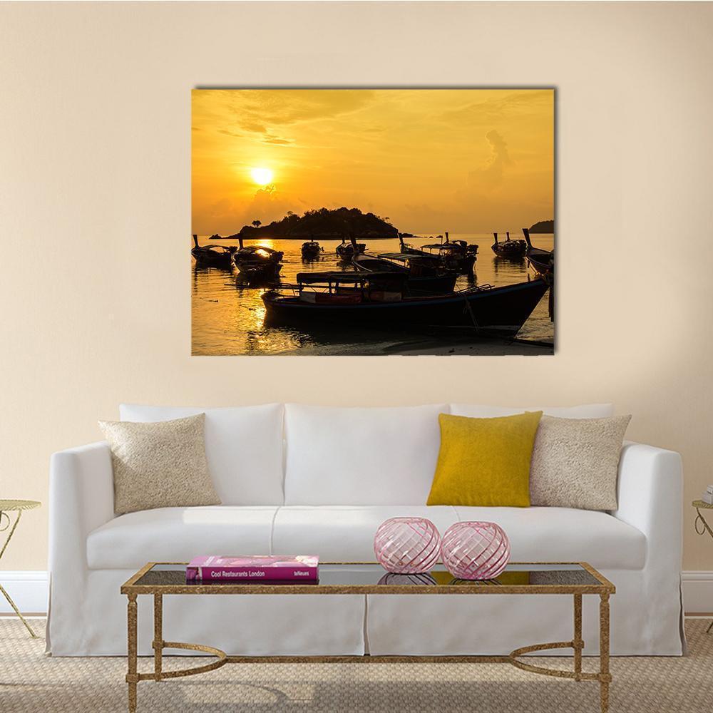 Fishing Boats In Sea Sunlight Canvas Wall Art-4 Pop-Gallery Wrap-50" x 32"-Tiaracle