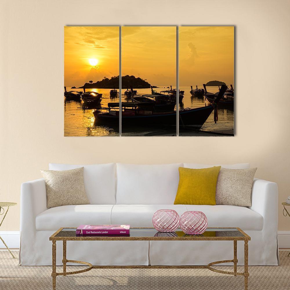 Fishing Boats In Sea Sunlight Canvas Wall Art-3 Horizontal-Gallery Wrap-37" x 24"-Tiaracle