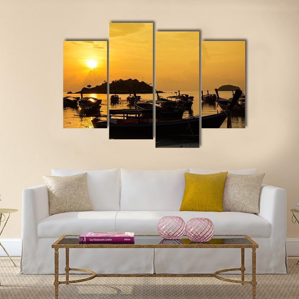 Fishing Boats In Sea Sunlight Canvas Wall Art-4 Pop-Gallery Wrap-50" x 32"-Tiaracle