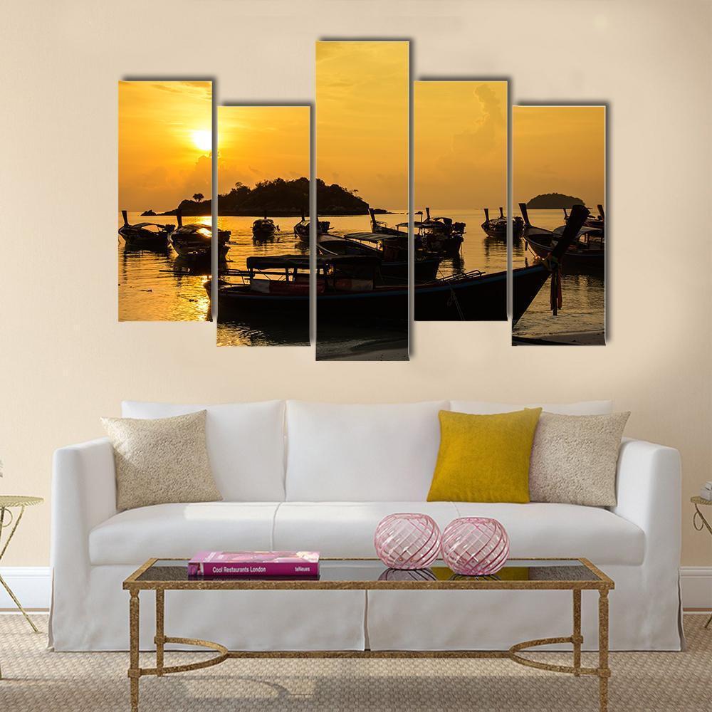 Fishing Boats In Sea Sunlight Canvas Wall Art-5 Pop-Gallery Wrap-47" x 32"-Tiaracle