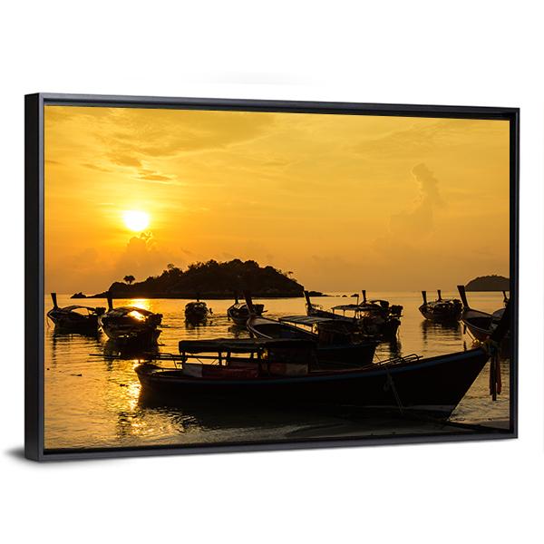 Fishing Boats In Sea Sunlight Canvas Wall Art-3 Horizontal-Gallery Wrap-25" x 16"-Tiaracle