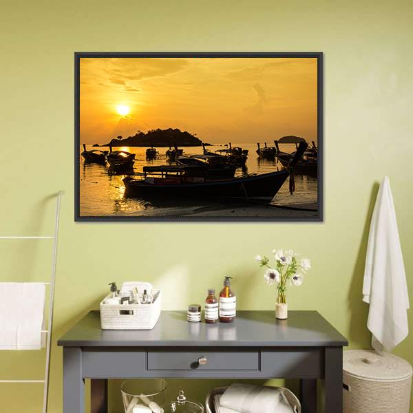 Fishing Boats In Sea Sunlight Canvas Wall Art-1 Piece-Floating Frame-24" x 16"-Tiaracle