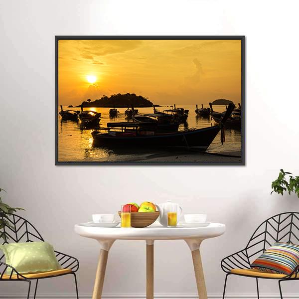 Fishing Boats In Sea Sunlight Canvas Wall Art-3 Horizontal-Gallery Wrap-25" x 16"-Tiaracle