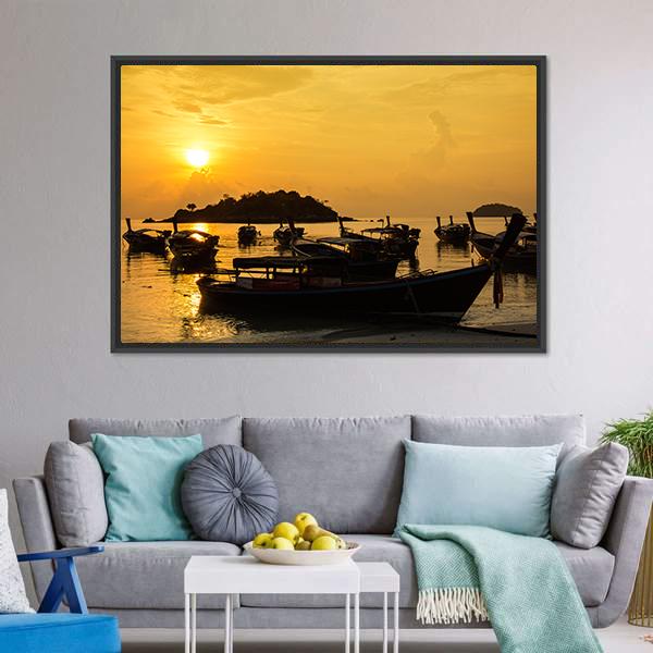 Fishing Boats In Sea Sunlight Canvas Wall Art-3 Horizontal-Gallery Wrap-25" x 16"-Tiaracle