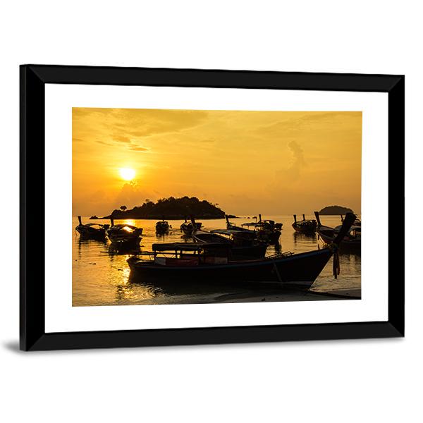 Fishing Boats In Sea Sunlight Canvas Wall Art-3 Horizontal-Gallery Wrap-25" x 16"-Tiaracle