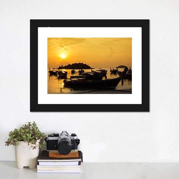 Fishing Boats In Sea Sunlight Canvas Wall Art-1 Piece-Framed Print-20" x 16"-Tiaracle