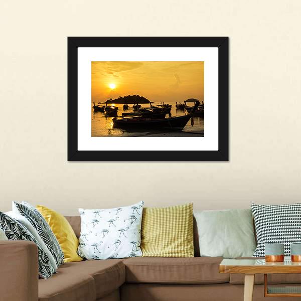 Fishing Boats In Sea Sunlight Canvas Wall Art-3 Horizontal-Gallery Wrap-25" x 16"-Tiaracle
