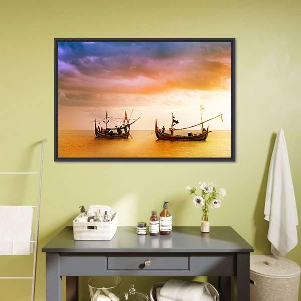 Fishing Boats On Beach Canvas Wall Art-1 Piece-Floating Frame-24" x 16"-Tiaracle